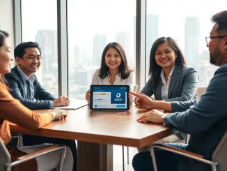 Business meeting discussing Dash crypto payments in a Manila office with skyline view.