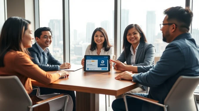 Business meeting discussing Dash crypto payments in a Manila office with skyline view.