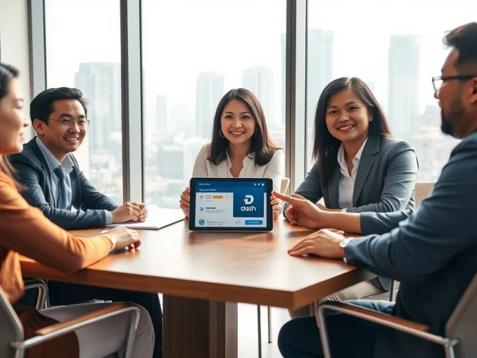 Business meeting discussing Dash crypto payments in a Manila office with skyline view.