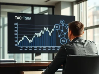 Financial analyst reviewing TAO token chart in modern office with Bittensor network visualization