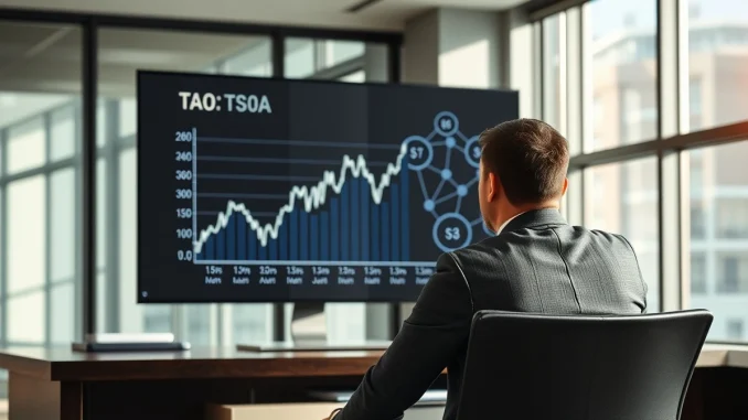Financial analyst reviewing TAO token chart in modern office with Bittensor network visualization