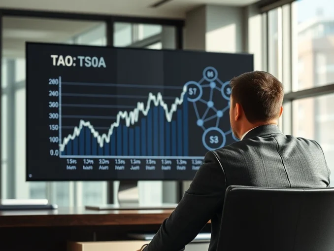 Financial analyst reviewing TAO token chart in modern office with Bittensor network visualization