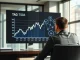 Financial analyst reviewing TAO token chart in modern office with Bittensor network visualization