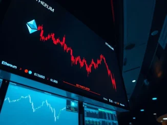 Ethereum price chart showing downward trend and key support level at $1,500 on a trading screen.