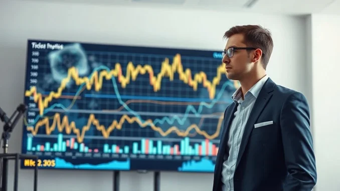 Ethereum co-founder in modern office looking at digital display with financial charts and AI patterns