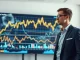 Ethereum co-founder in modern office looking at digital display with financial charts and AI patterns