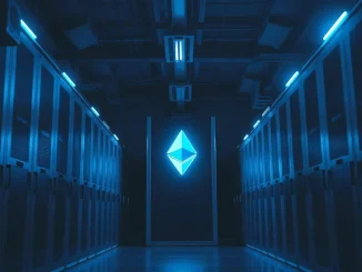 Ethereum mining facility interior with glowing server racks and blue lighting