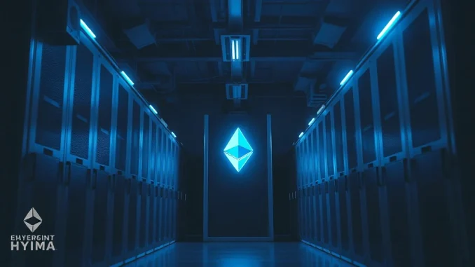 Ethereum mining facility interior with glowing server racks and blue lighting