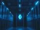 Ethereum mining facility interior with glowing server racks and blue lighting