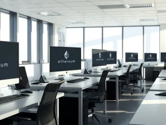Empty desks in a modern office after Ethereum Foundation layoffs.
