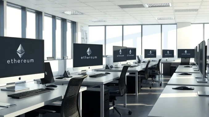 Empty desks in a modern office after Ethereum Foundation layoffs.