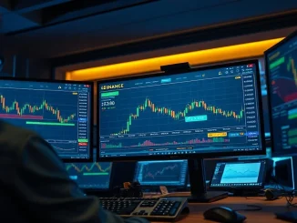 Trading desk monitors showing Binance ETH open interest at record high