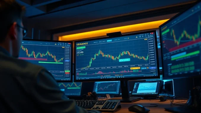 Trading desk monitors showing Binance ETH open interest at record high