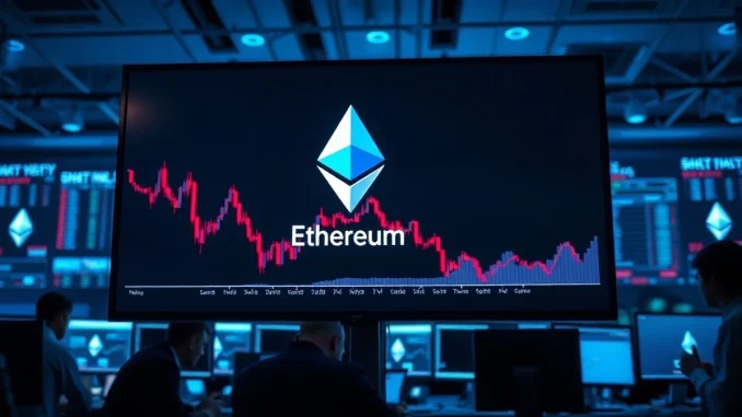 Ethereum price chart showing decline on a trading screen in a modern office