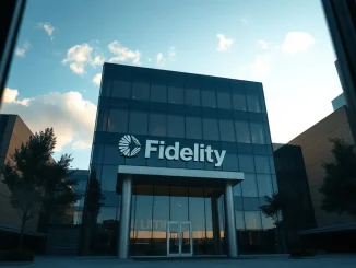 Fidelity Investments office building exterior with subtle Ethereum blockchain visual elements