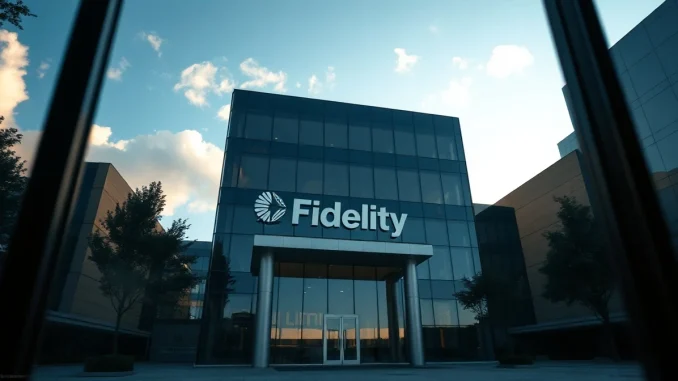 Fidelity Investments office building exterior with subtle Ethereum blockchain visual elements