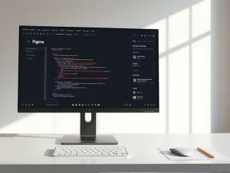 Figma interface on a monitor showing code layers, design elements, and AI features in a bright modern workspace