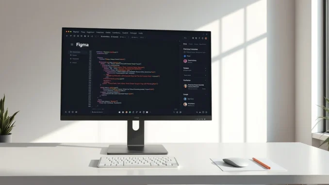 Figma interface on a monitor showing code layers, design elements, and AI features in a bright modern workspace