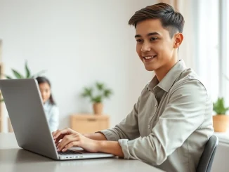 Candidate interviewing with an AI agent on a laptop in a modern home office setting