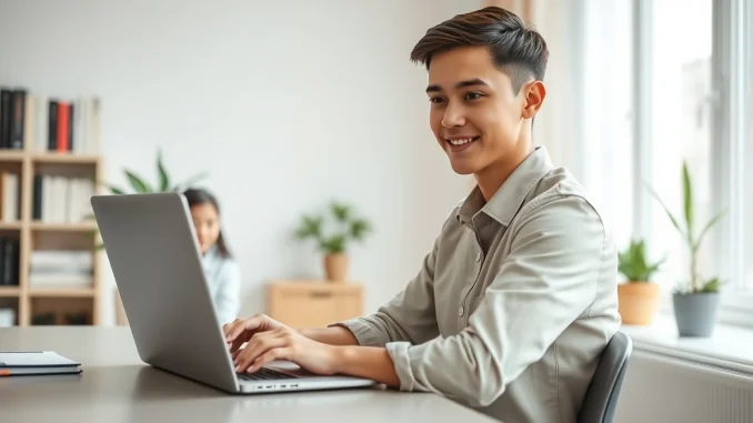 Candidate interviewing with an AI agent on a laptop in a modern home office setting