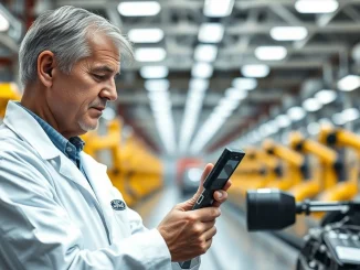 Senior automotive engineer inspecting a vehicle part on a factory floor at a Ford assembly plant