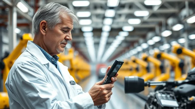 Senior automotive engineer inspecting a vehicle part on a factory floor at a Ford assembly plant