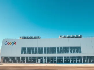 Exterior view of a large SpaceX data center facility under a clear sky