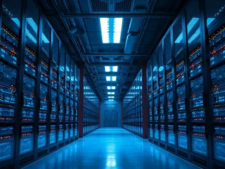 Interior of a modern AI data center with glowing server racks