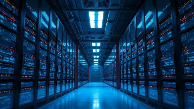 Interior of a modern AI data center with glowing server racks