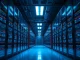 Interior of a modern AI data center with glowing server racks