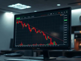 Cryptocurrency price chart showing a red decline with a green support line on a trading monitor in a modern office.