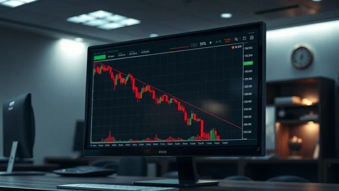Cryptocurrency price chart showing a red decline with a green support line on a trading monitor in a modern office.