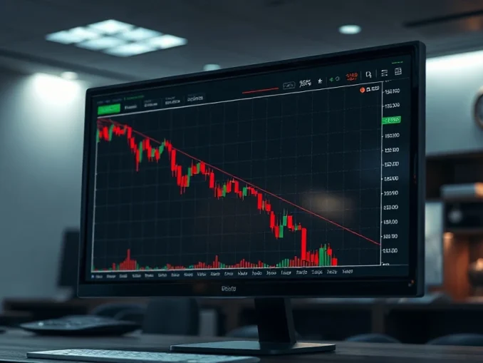 Cryptocurrency price chart showing a red decline with a green support line on a trading monitor in a modern office.