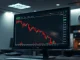 Cryptocurrency price chart showing a red decline with a green support line on a trading monitor in a modern office.