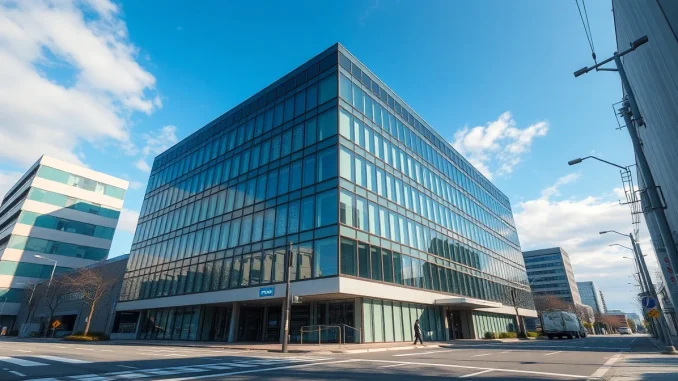 Modern corporate office building in Okayama, Japan, representing institutional crypto adoption