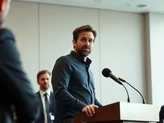 Joe Lubin speaking at a press conference about Ethereum Foundation restructuring
