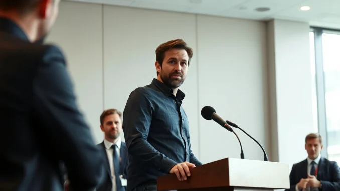 Joe Lubin speaking at a press conference about Ethereum Foundation restructuring