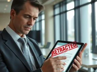Professional in office with tablet showing retracted document, representing KPMG report withdrawal