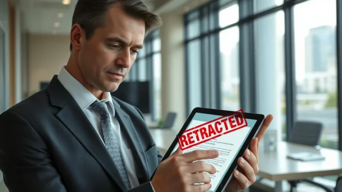 Professional in office with tablet showing retracted document, representing KPMG report withdrawal