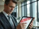 Professional in office with tablet showing retracted document, representing KPMG report withdrawal