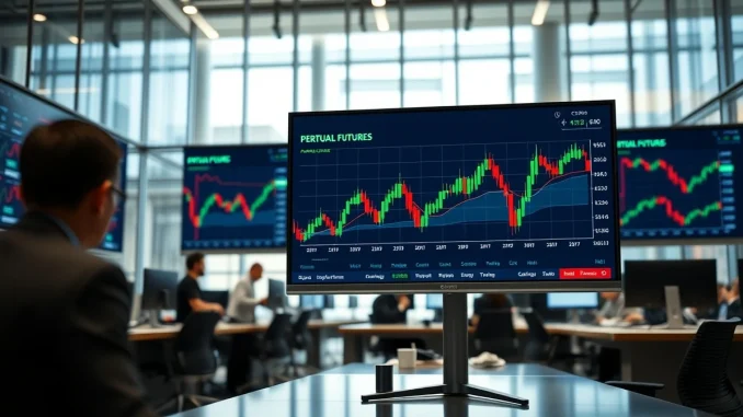 Trading floor with screens showing Bitcoin perpetual futures charts and data