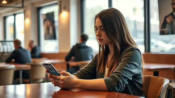 Young woman looking at phone with dating app, expressing skepticism about AI in dating