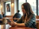 Young woman looking at phone with dating app, expressing skepticism about AI in dating