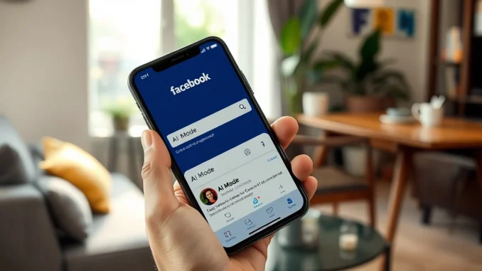 Smartphone displaying Facebook's new AI Mode search feature in a bright, modern setting.