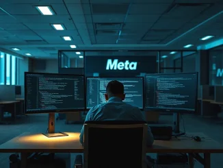 An engineer sits alone at a desk in a dimly lit Meta office, head in hands, reflecting low employee morale.