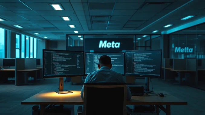 An engineer sits alone at a desk in a dimly lit Meta office, head in hands, reflecting low employee morale.