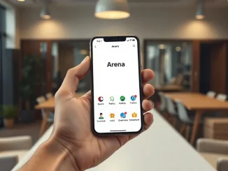 Smartphone displaying the Meta Arena prediction market app interface in a modern office setting