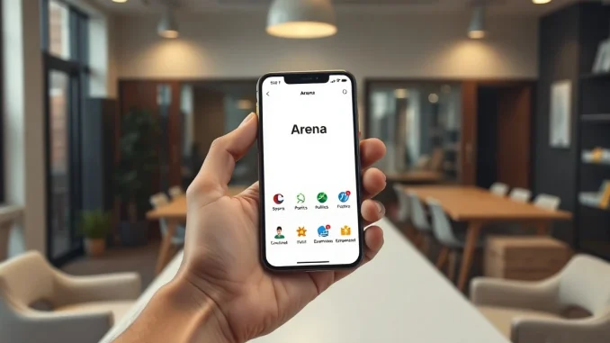Smartphone displaying the Meta Arena prediction market app interface in a modern office setting