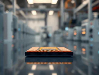 Close-up of a Micron memory chip on a reflective surface in a cleanroom environment.