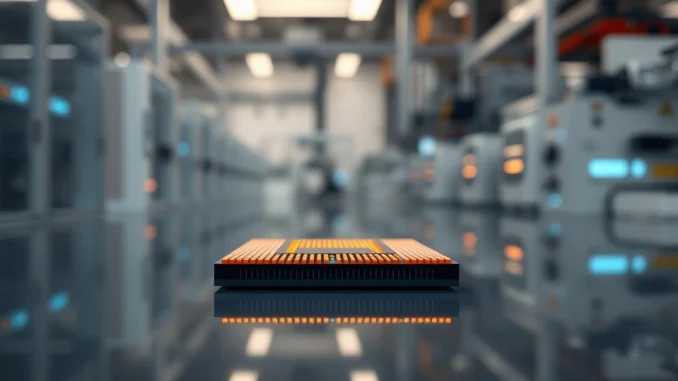 Close-up of a Micron memory chip on a reflective surface in a cleanroom environment.